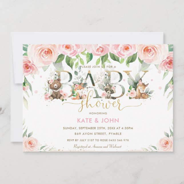 Invitación Chica de Baby Shower con flores rosadas de animale (Anverso)