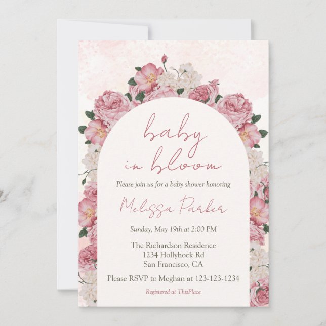 Invitación Chica de Baby Shower con flores rosadas en flor (Anverso)