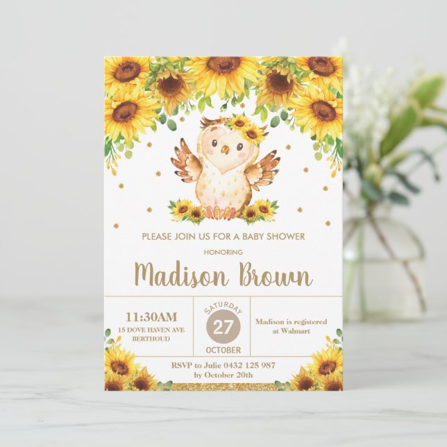 Invitación Chica de Baby Shower con florido de girasol de búh (Anverso de pie)