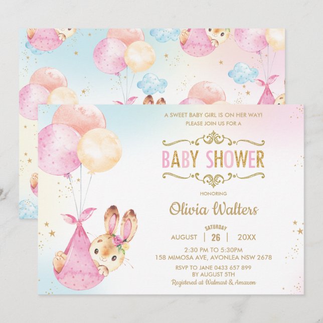 Invitación Chica de Baby Shower Cute Bunny Rabbit Balloons (Anverso / Reverso)
