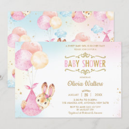 Invitación Chica de Baby Shower Cute Bunny Rabbit Balloons