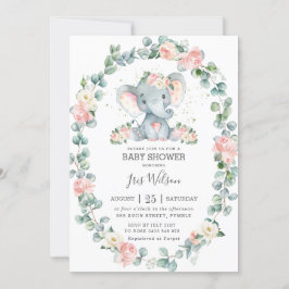 Invitación Chica de Baby Shower Cute Elephant Floral Greenery