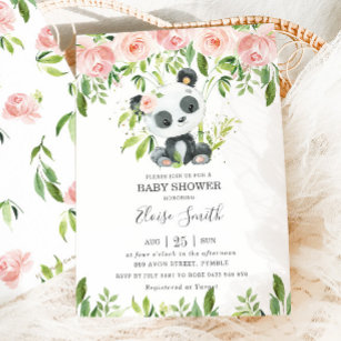 Invitación Chica de Baby Shower Cute Panda Pink Floral Green