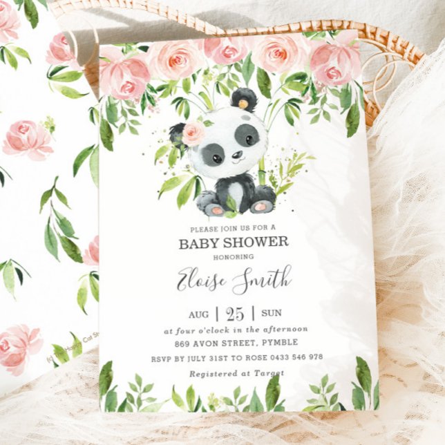 Invitación Chica de Baby Shower Cute Panda Pink Floral Green (Subido por el creador)