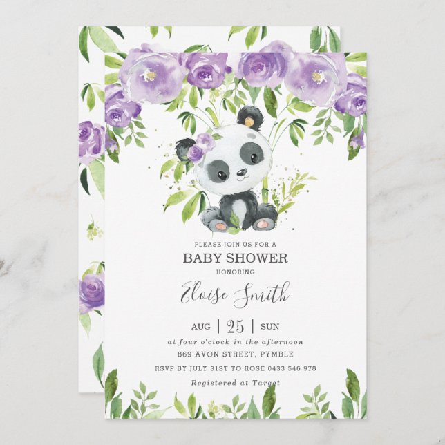 Invitación Chica de Baby Shower Cute Panda Purple Floral Gree (Anverso / Reverso)