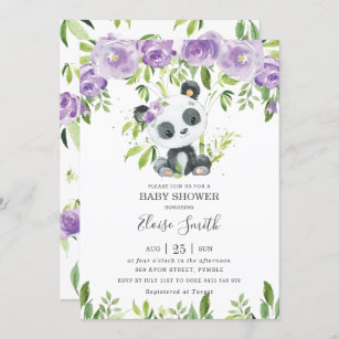 Invitación Chica de Baby Shower Cute Panda Purple Floral Gree