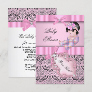 Invitación Chica de Baby Shower Damask Rosa Gris