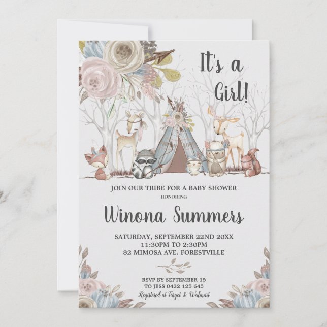 Invitación Chica de Baby Shower de Animales Tribales de Woodl (Anverso)