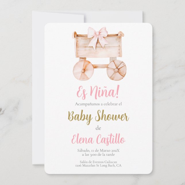 Invitación Chica de Baby Shower de cochecito de madera en esp (Anverso)