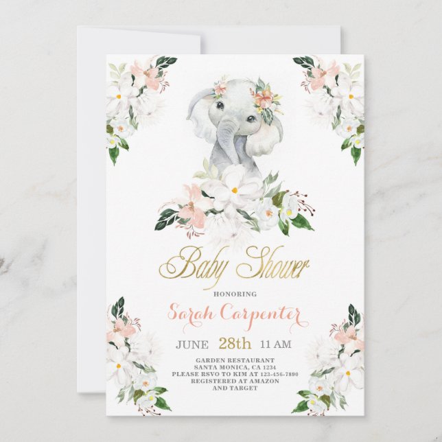 Invitación Chica de Baby Shower de elefante lindo (Anverso)