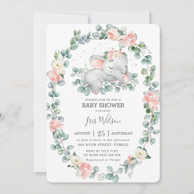 Invitación Chica de Baby Shower de elefante suave y verde (Anverso)