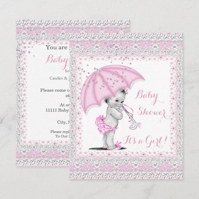 Invitación Chica de Baby Shower de época con paraguas rojos (Anverso / Reverso)