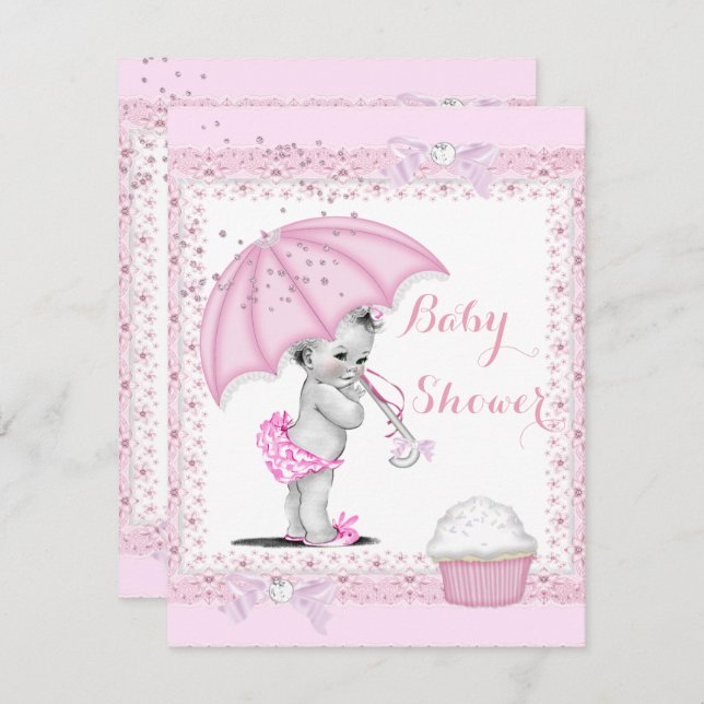 Invitación Chica de Baby Shower de época morena rosa de parag (Anverso / Reverso)