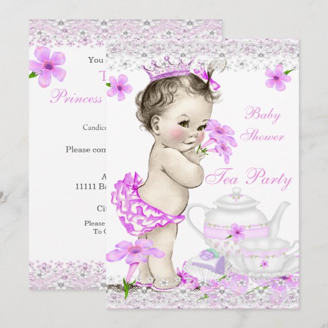Invitación Chica de Baby Shower de época Princess Tea Fiesta (Anverso / Reverso)