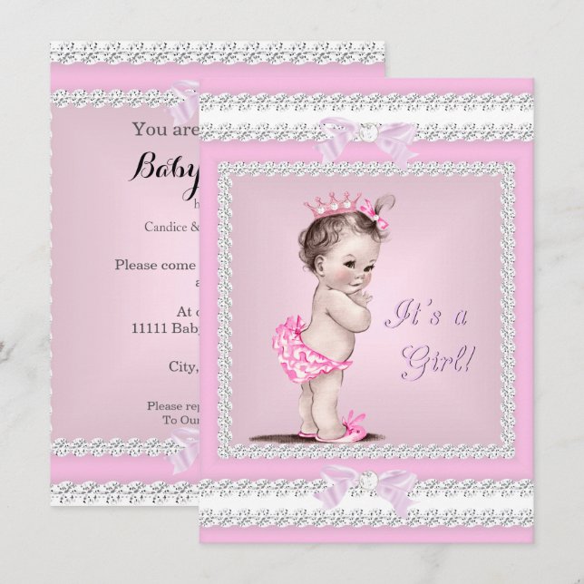 Invitación Chica de Baby Shower de época rosa (Anverso / Reverso)