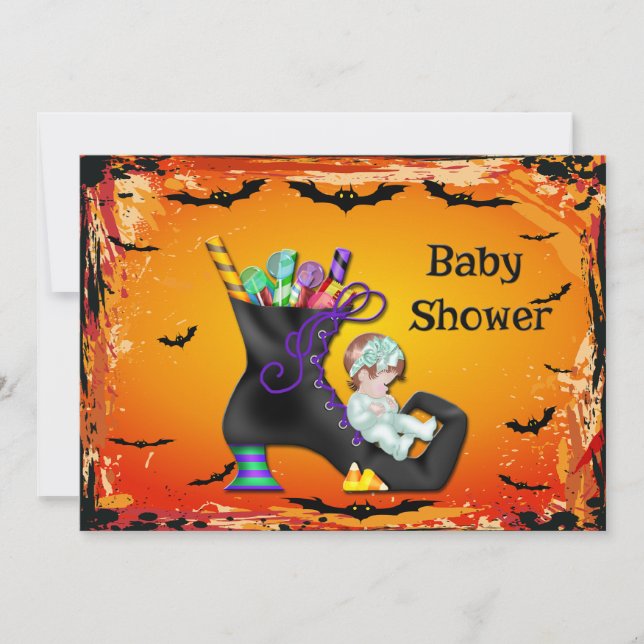Invitación Chica de Baby Shower de Halloween sobre el botín d (Anverso)