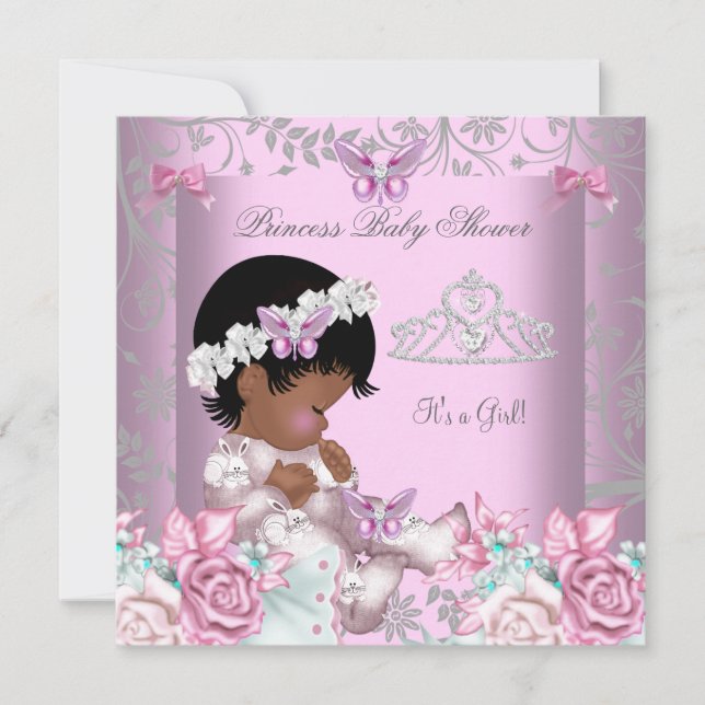 Invitación Chica de Baby Shower de mariposa rosada afroameric (Anverso)