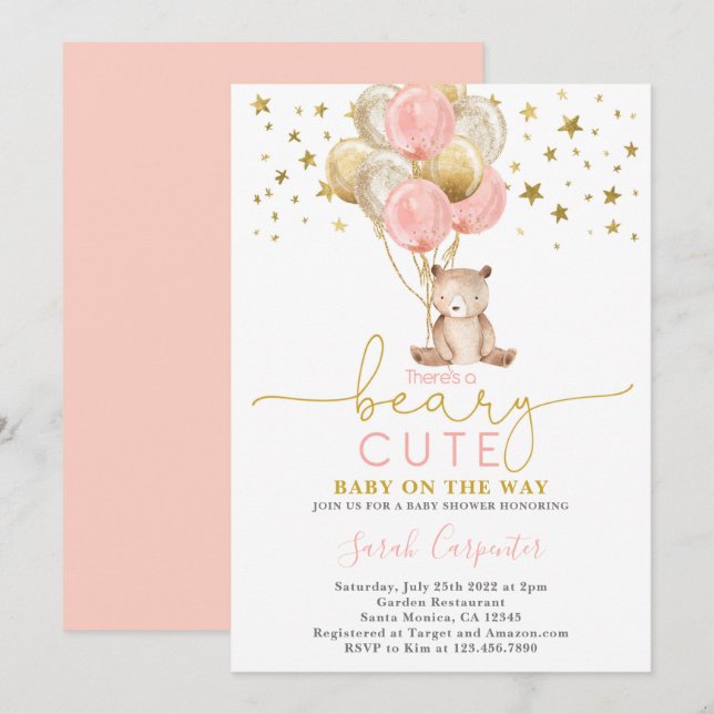 Invitación Chica de Baby Shower de Teddy Bear Balloons (Anverso / Reverso)