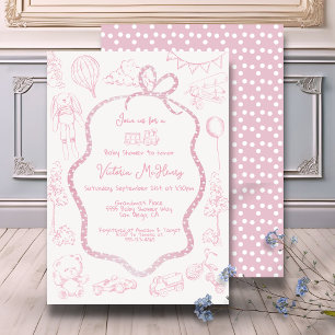 Invitación Chica de Baby Shower de Toile rosa moderno de Jouy
