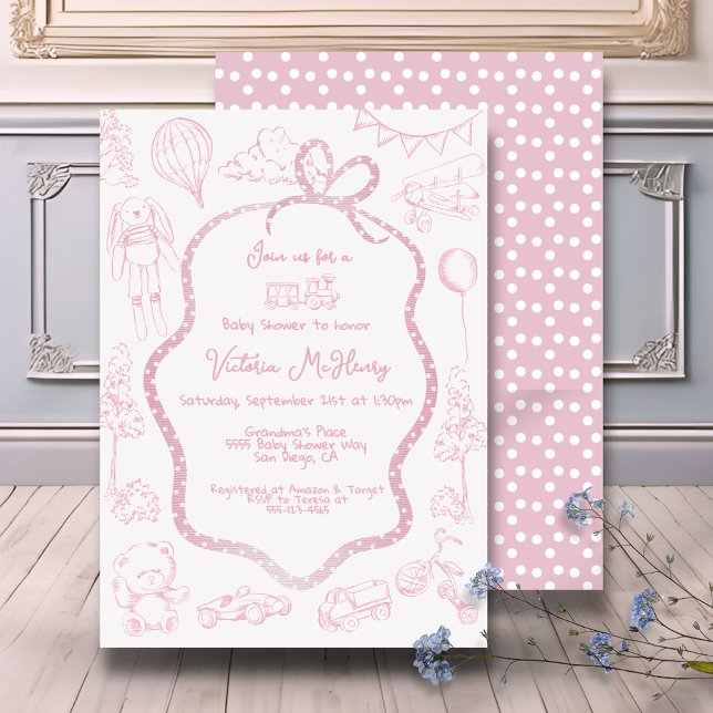 Invitación Chica de Baby Shower de Toile rosa moderno de Jouy (Subido por el creador)