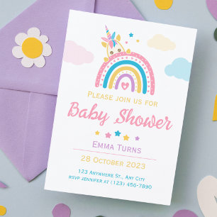 Invitación Chica de Baby Shower del arcoiris de Unicorn