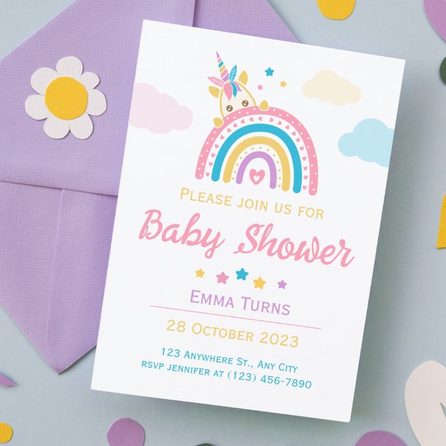 Invitación Chica de Baby Shower del arcoiris de Unicorn (Subido por el creador)
