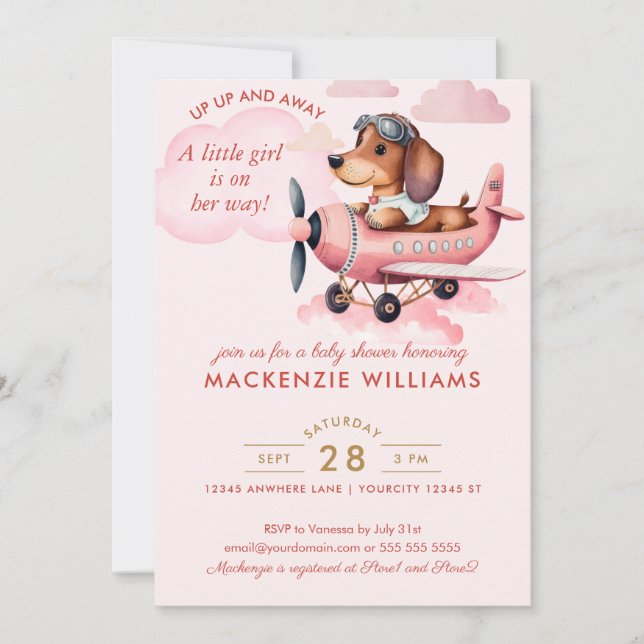 Invitación Chica de Baby Shower del avión de Dachshund rosa d (Anverso)