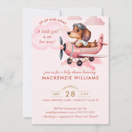 Invitación Chica de Baby Shower del avión de Dachshund rosa d
