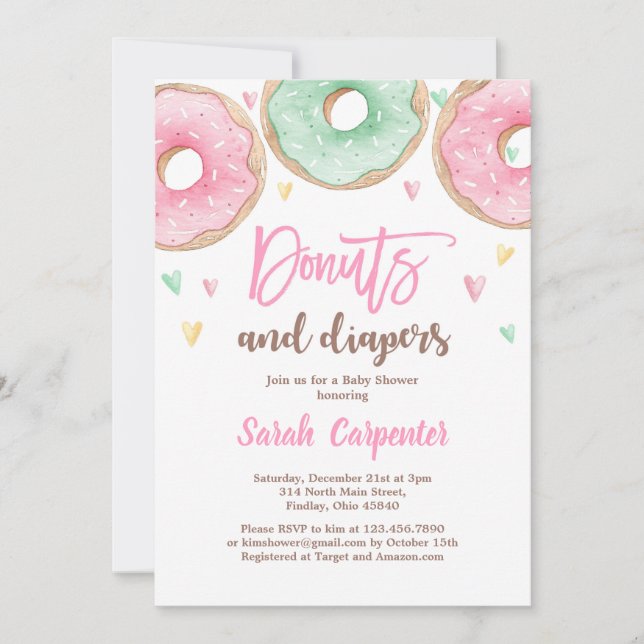 Invitación chica de Baby Shower Donuts and Diapers (Anverso)