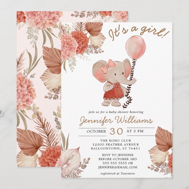Invitación Chica de Baby Shower Elephant Boho Floral (Anverso / Reverso)