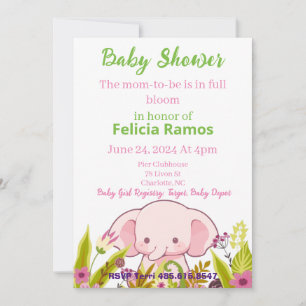 Invitación Chica de Baby Shower Elephant Flores Rosa