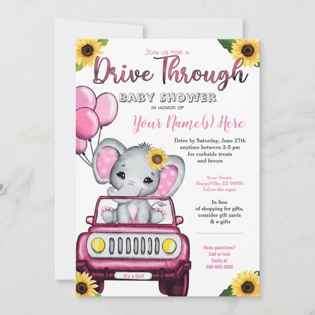 Invitación Chica De Baby Shower Elephant Sunflower (Anverso)
