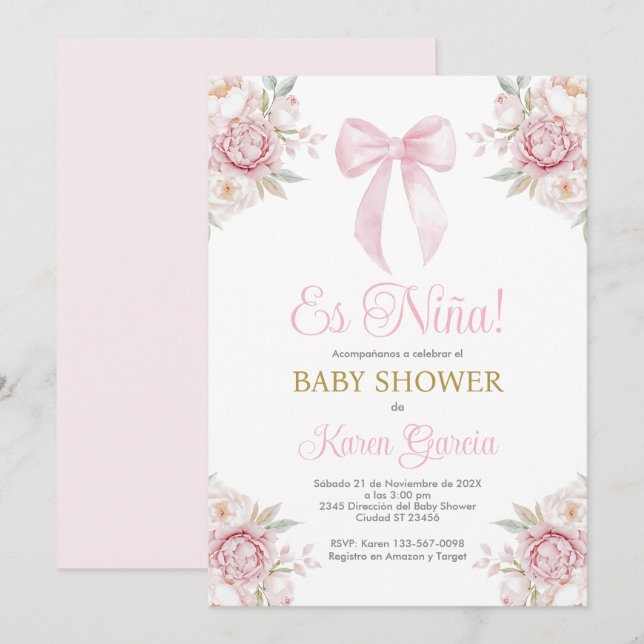 Invitación Chica de Baby Shower en español de Bow rosado (Anverso / Reverso)