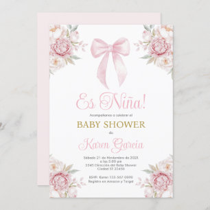 Invitación Chica de Baby Shower en español de Bow rosado
