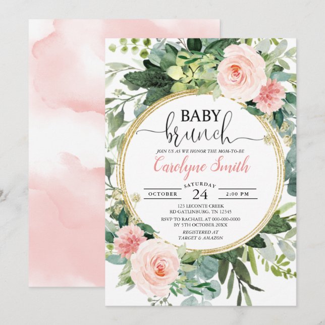 Invitación Chica de Baby Shower Eucalyptus Pink Gold Brunch (Anverso / Reverso)