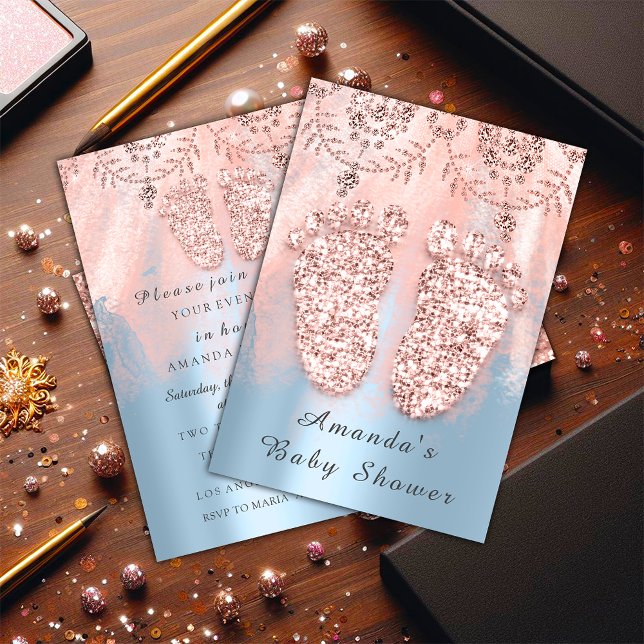 Invitación Chica  de Baby Shower Feet Royal Rosa Azul (Baby Shower Feet Silver Girl Boy Royal Rose Blue Invitation)