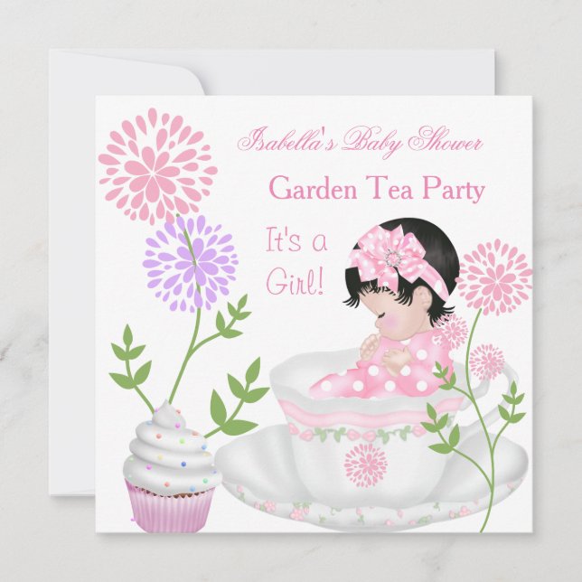 Invitación Chica de Baby Shower Fiesta de té en el jardín de  (Anverso)