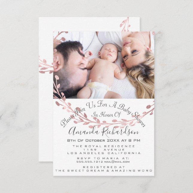 Invitación Chica de Baby Shower Foto de White Rose Wreath (Anverso / Reverso)
