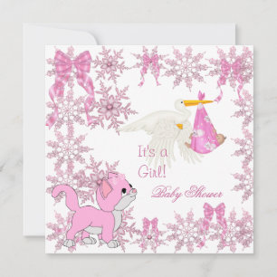 Invitación Chica de Baby Shower Gatito Cigüeña Lindo