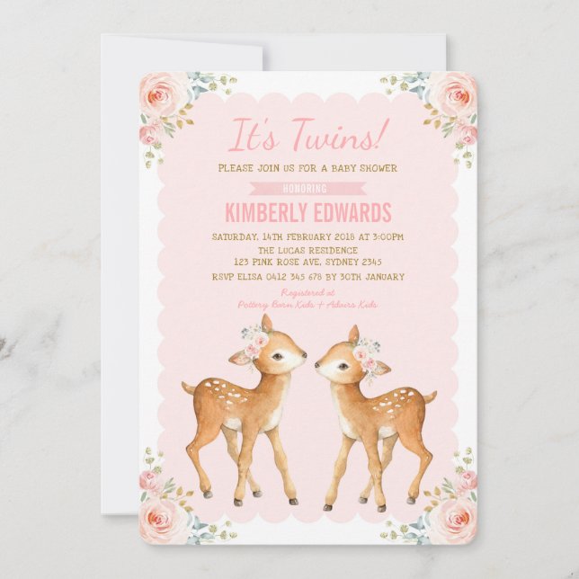 Invitación Chica de Baby Shower gemelos Deer Rubor Floral ros (Anverso)