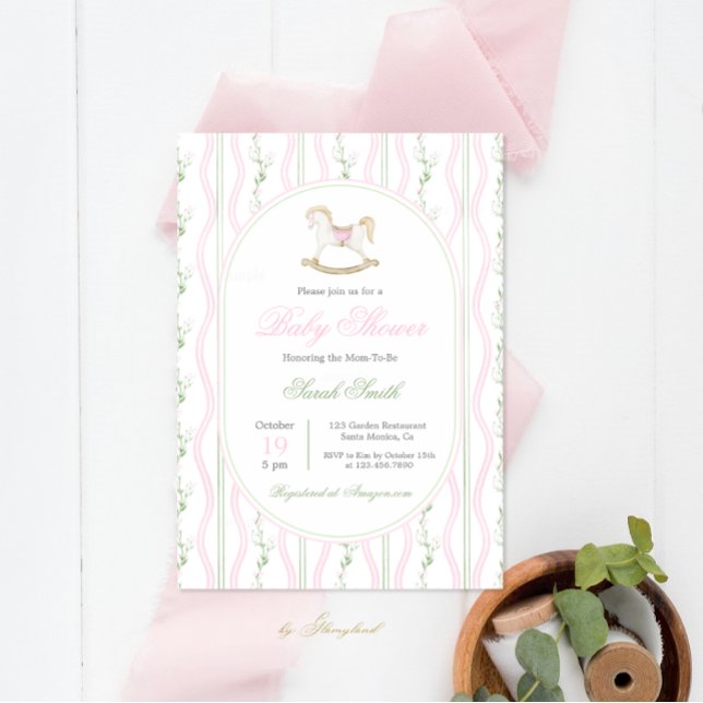 Invitación Chica de Baby Shower Grandmillennial Rocse Horse (Subido por el creador)
