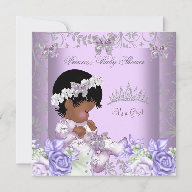 Invitación Chica de Baby Shower gris de lavanda afroamericana (Anverso)