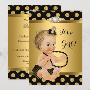 Invitación Chica de Baby Shower Hoja de Oro Perlas Negras Rub