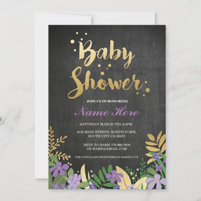 Invitación chica de Baby Shower invita a negro morado dorado (Anverso)