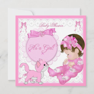 Invitación Chica de Baby Shower lindo Kitten Pink White