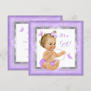 Invitación Chica de Baby Shower Morado Perla Mariposa Rubia