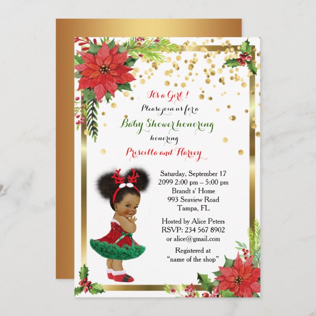 Invitación CHICA de Baby Shower, navidad, blanco y gold_Ebony (Anverso / Reverso)