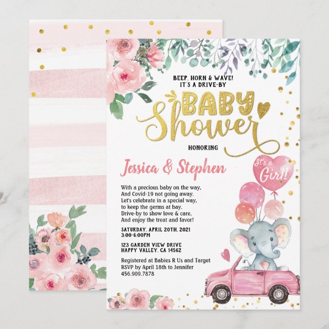 Invitación Chica De Baby Shower Parade Elefante Rosa (Anverso / Reverso)