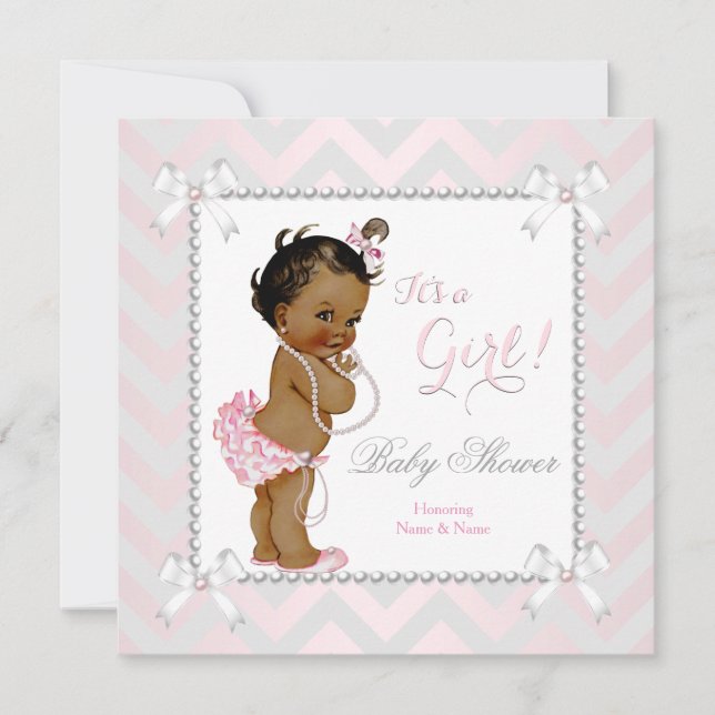 Invitación Chica de Baby Shower Perla Rosa Gris Étnica Blanca (Anverso)