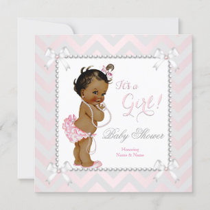 Invitación Chica de Baby Shower Perla Rosa Gris Étnica Blanca